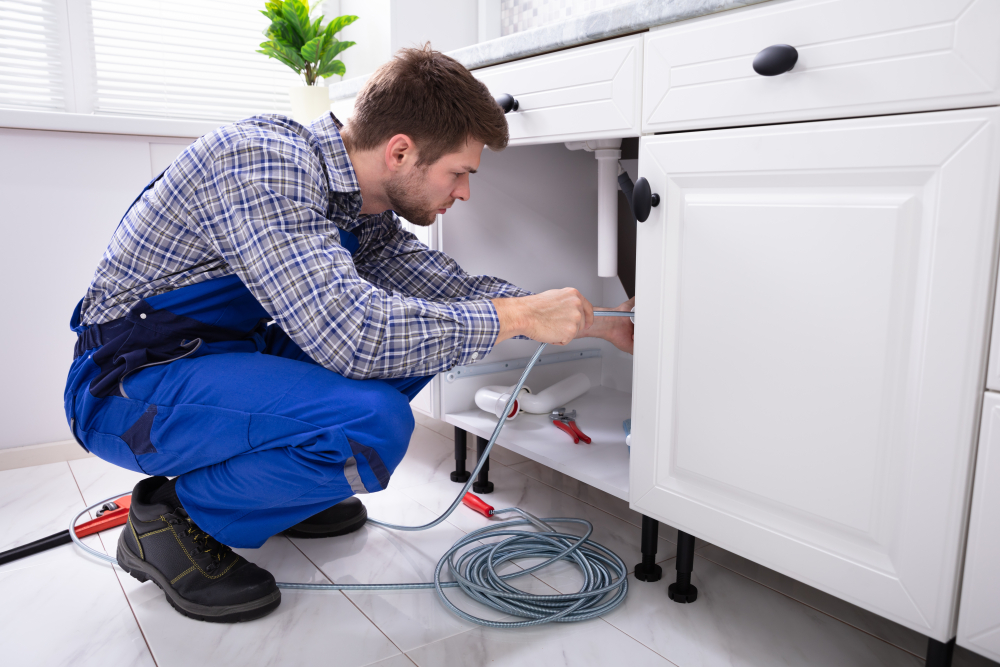 Young,Male,Plumber,Cleaning,Clogged,Sink,Pipe,In,Kitchen