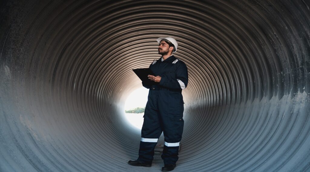 Engineers working inside a large steel pipe of a tunnel foundation. Workers involved in constructing a pipeline for transporting oil, natural gas, and fuel at an industrial factory.