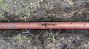 An orange plastic pipe from a septic tank with a diameter of 160 mm lying in a ditch.