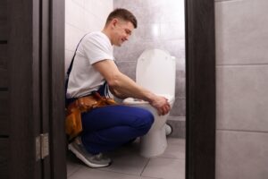 Plumber diagnosing gurgling toilet in residential bathroom