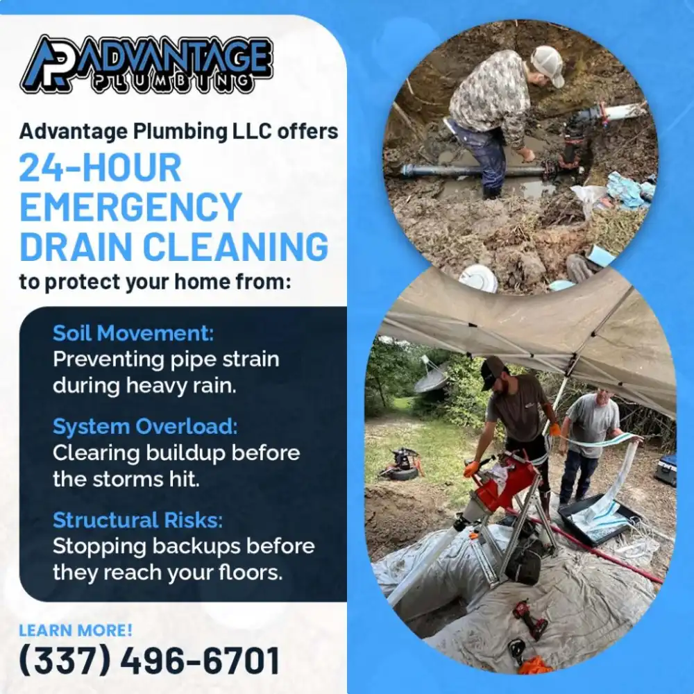 Advantage Plumbing crew performing 24-hour emergency drain cleaning in Lake Charles to help prevent pipe strain, system overload, and indoor backup risks during heavy rain