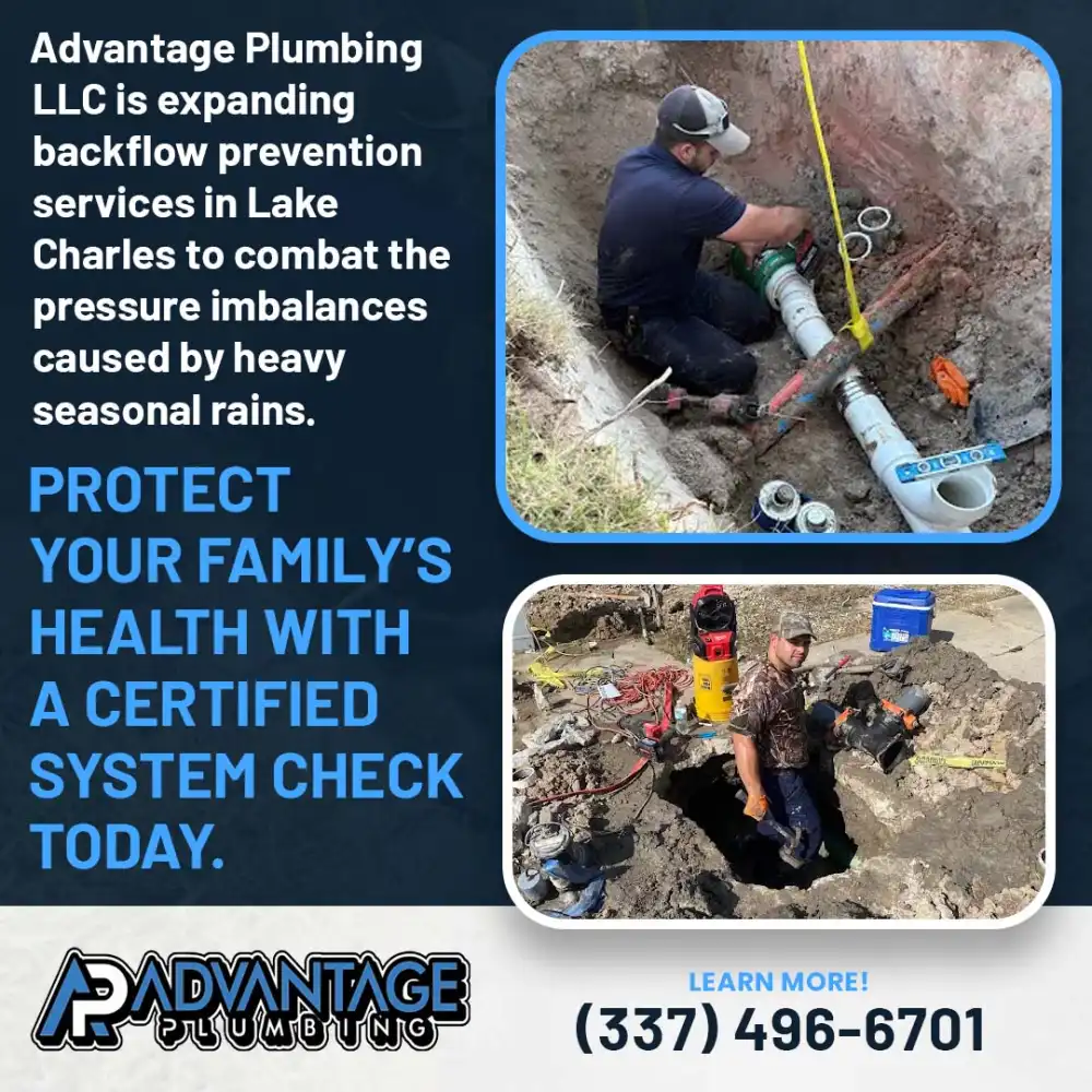 Lake Charles Backflow Preventer Installation 1 Advantage Plumbing technician performing a backflow prevention system check in Lake Charles to help protect household water quality during heavy seasonal rains