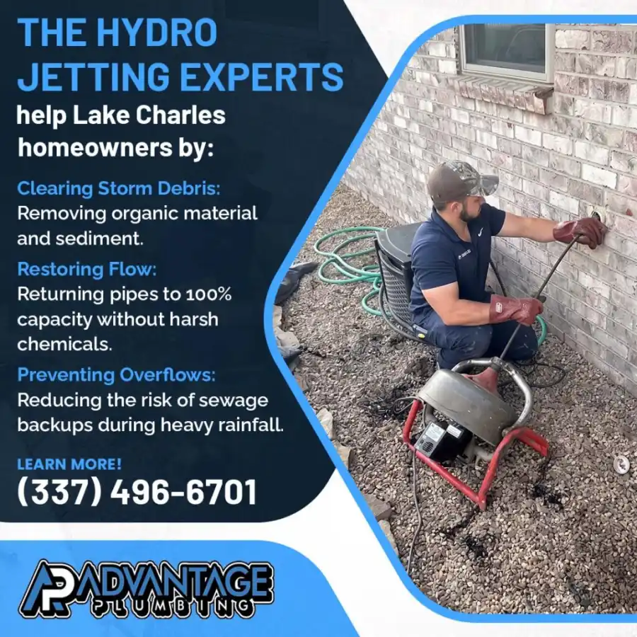 Advantage Plumbing technician using hydro jetting equipment outside a Lake Charles home to remove buildup, restore pipe flow, and help prevent sewer backups during heavy rainfall