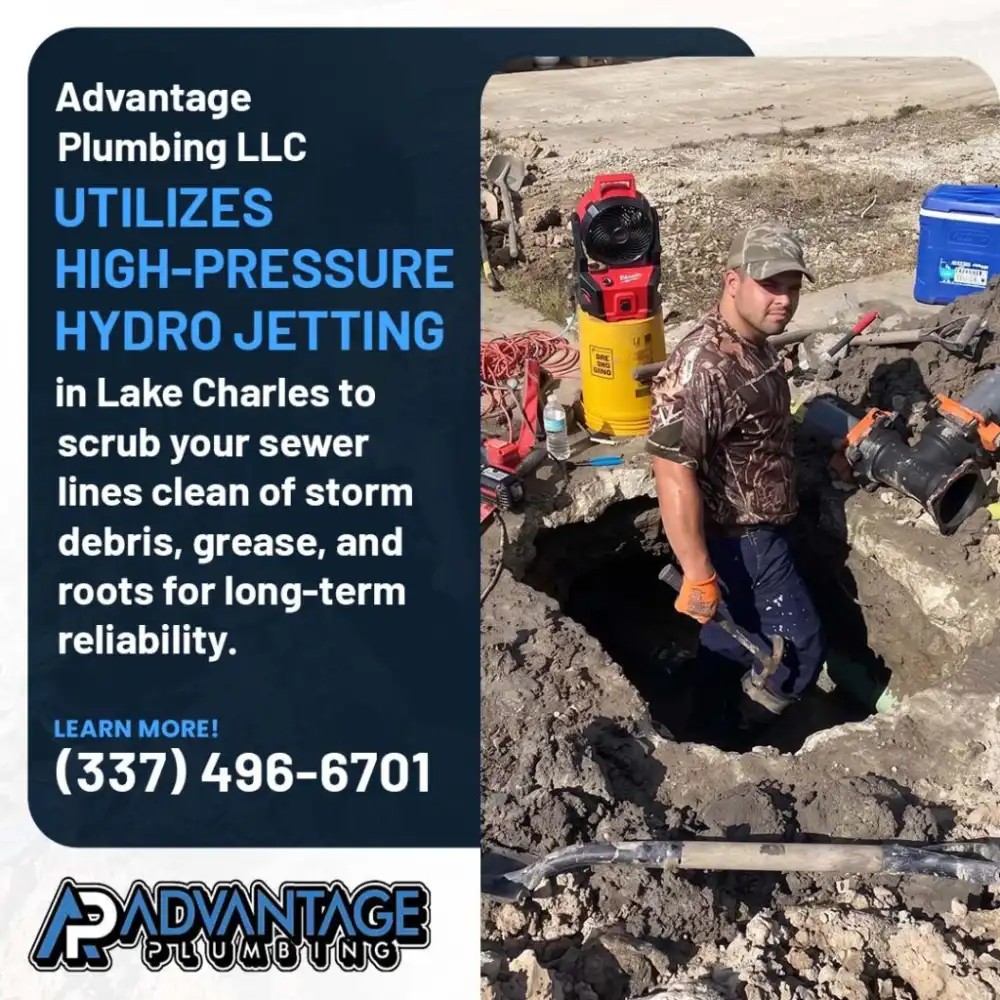 Advantage Plumbing technician performing high-pressure hydro jetting in Lake Charles to clear sewer lines of storm debris, grease, and root intrusion for long-term drainage reliability
